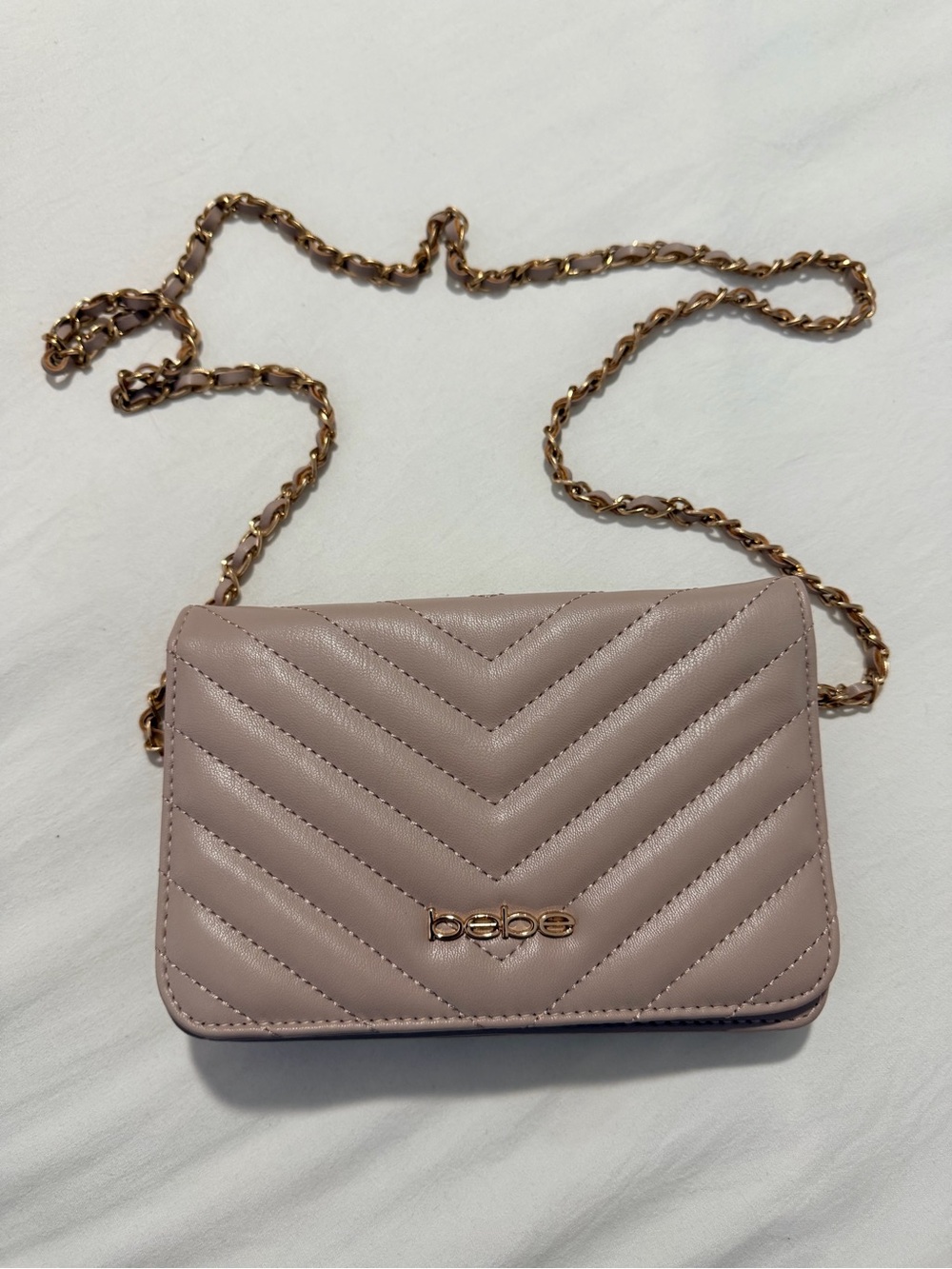 bebe Quilted Chain Crossbody Bag in Blush Pink with Gold Chain